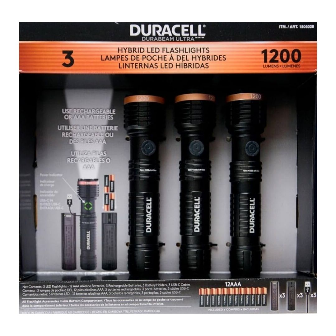DURACEL - 3 LED FLASHLIGHTS - 12 AAA ALKALINE BATTERIES - 3 RECHARGEABLE BATTERIES - 3 USB - C CABLES - 3 BATTERY HOLDERS