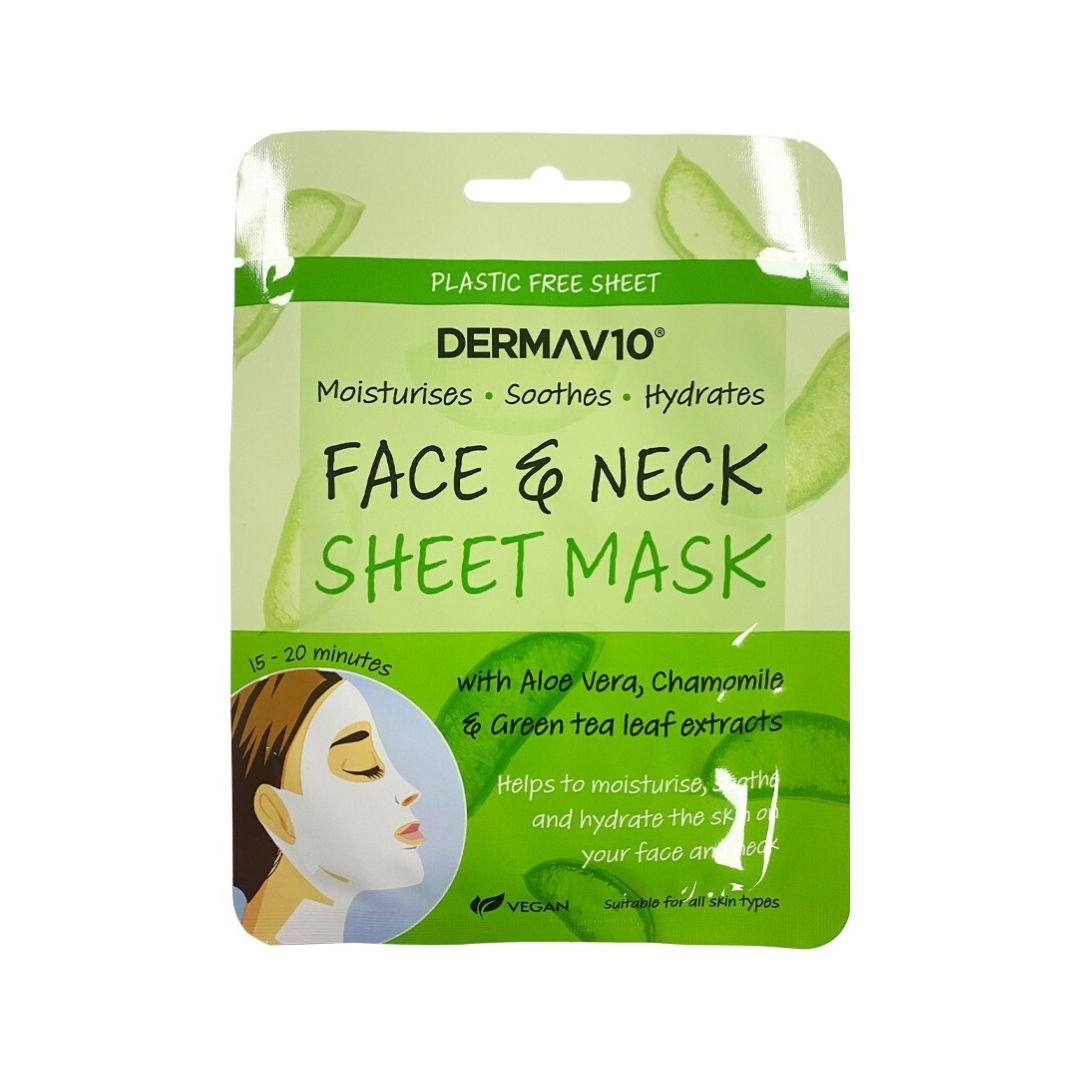DERMA V10 FACE & NECK SHEET MASK - ALOE VERA & GREEN TEA