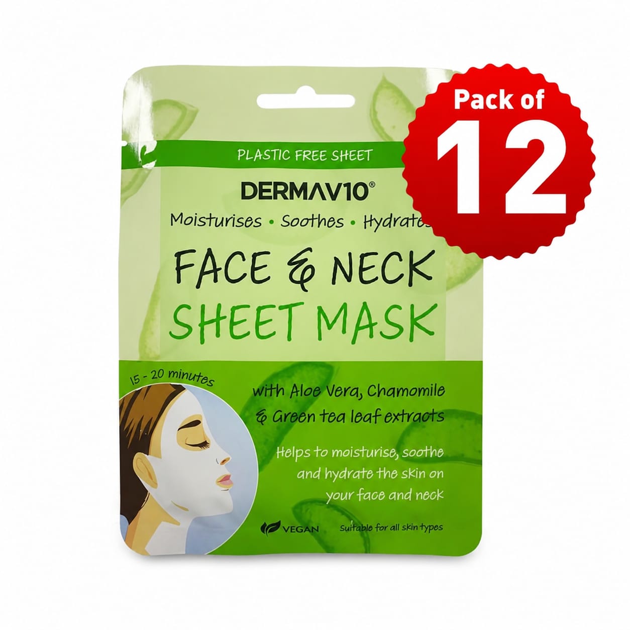 DERMA V10 FACE & NECK SHEET MASK - ALOE VERA & GREEN TEA